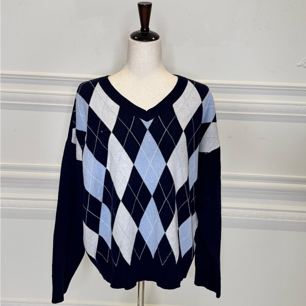 Argyle V-Neck Sweater Navy & Sky Blue Preppy Knit